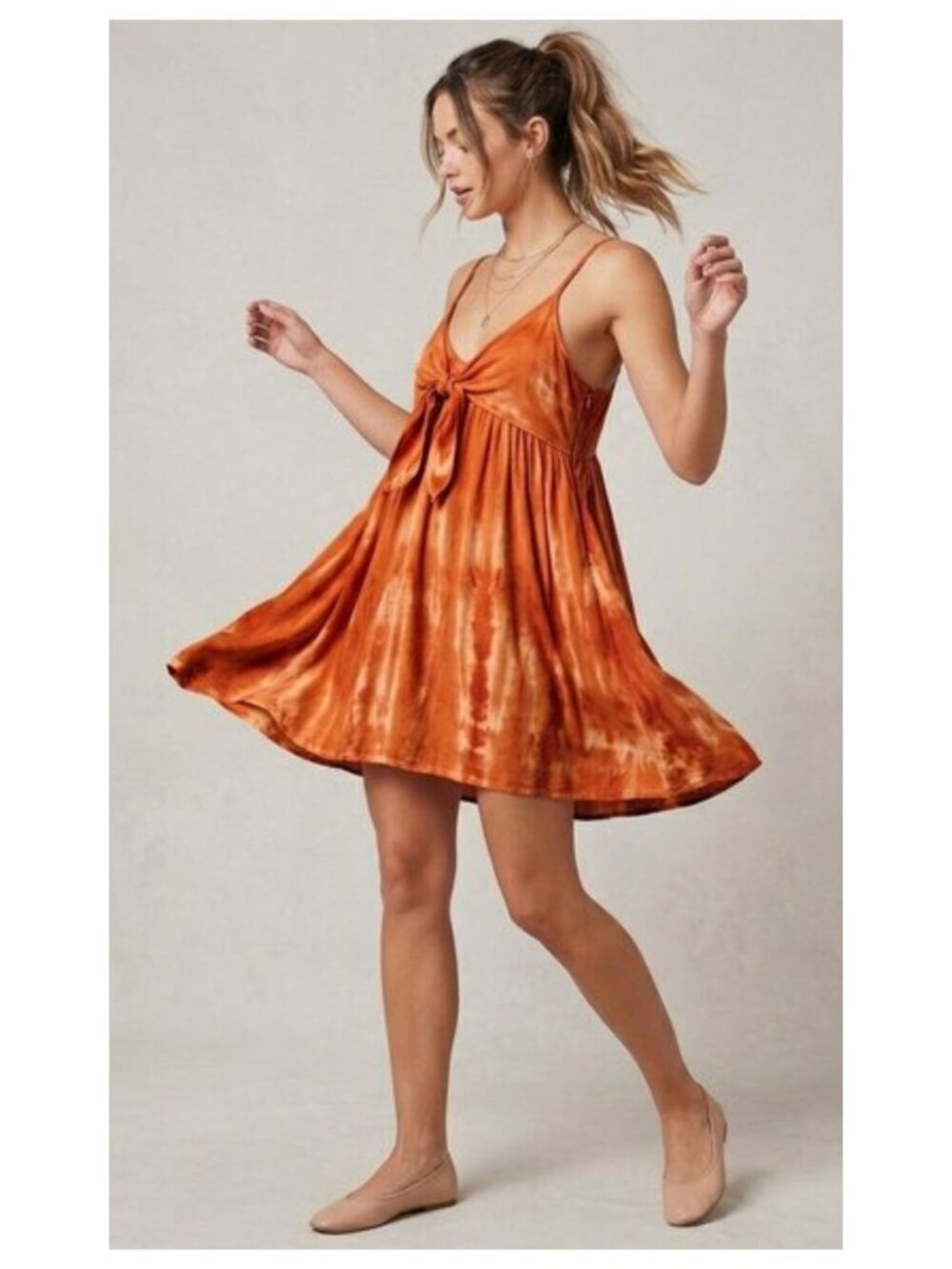 ATTIC SALT Orange/White Strappy Tie Dye Bowed V-Neck Empire Mini Sundress XL NWT
